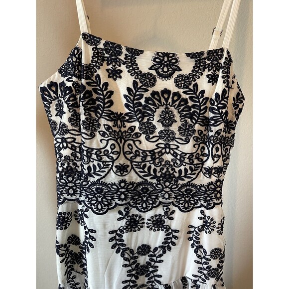 NEW ONE OF A KIND SAMPLE DESIGNER Embroidered Chiffon Navy/White Midi Dress - Picture 3 of 7